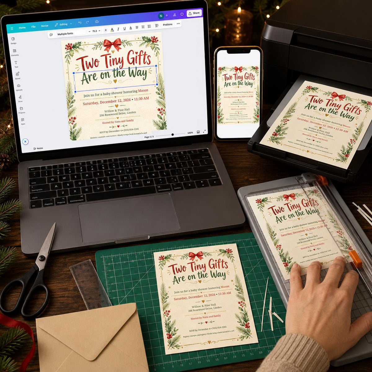 Christmas Twin Baby Shower Invitation — digital invitation, instant download