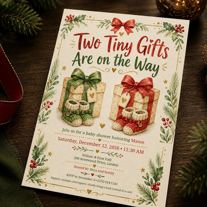 Christmas Twin Baby Shower Invitation — baby shower stationery by VoltBy