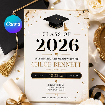 Black and Gold Class of 2026 Graduation Invitation — editable Canva template