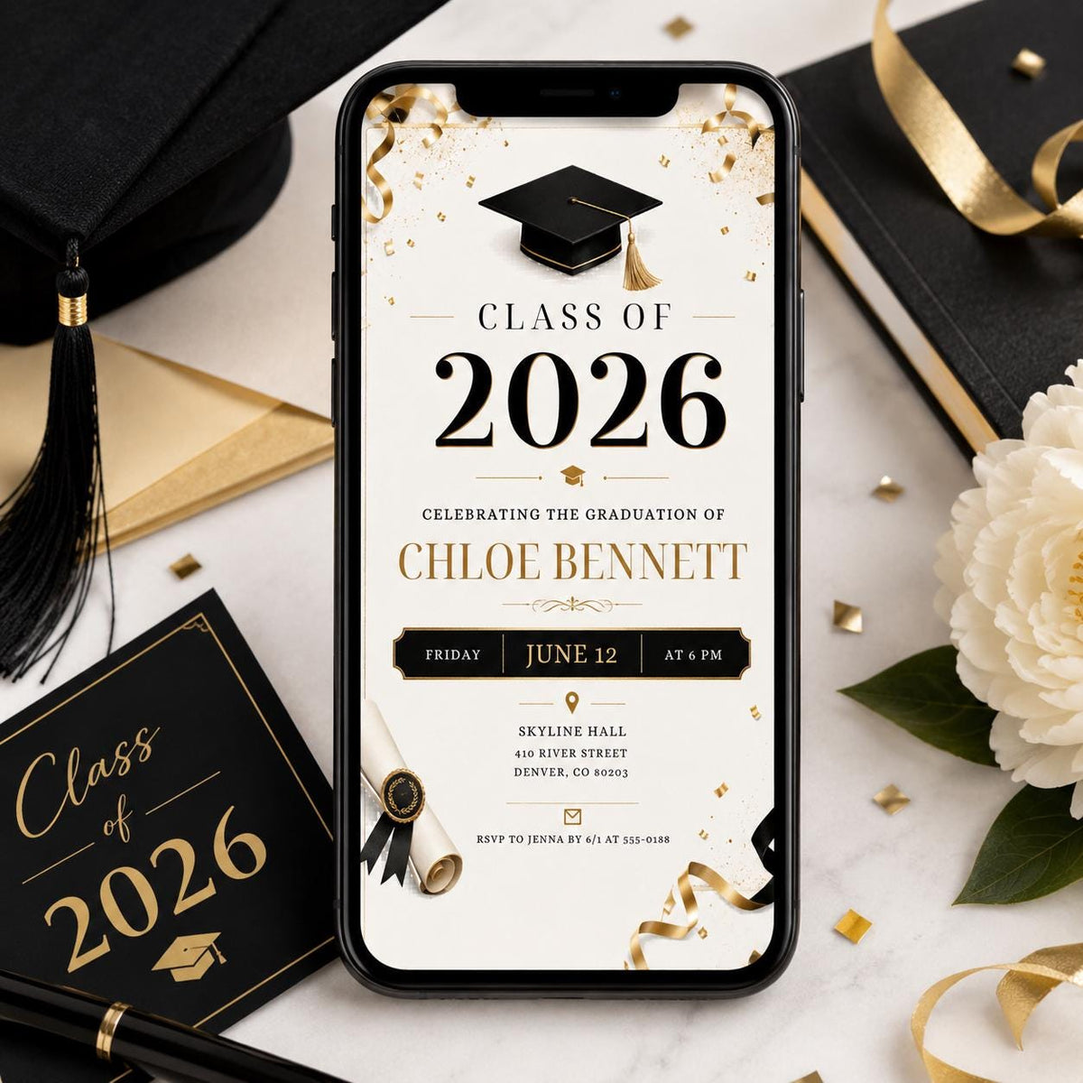 Black and Gold Class of 2026 Graduation Invitation — confetti design
