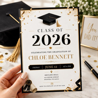 Black and Gold Class of 2026 Graduation Invitation — invitation you personalize in Canva