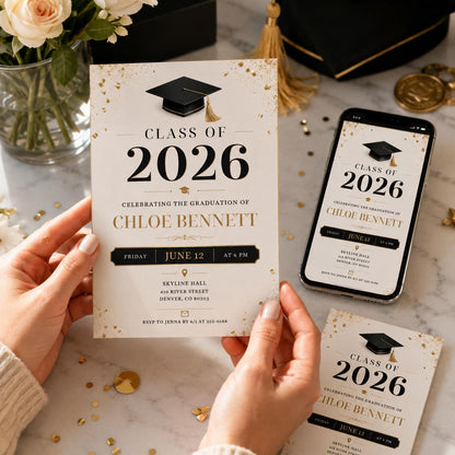 Black and Gold Class of 2026 Graduation Invitation — print-ready graduation party design from VoltBy