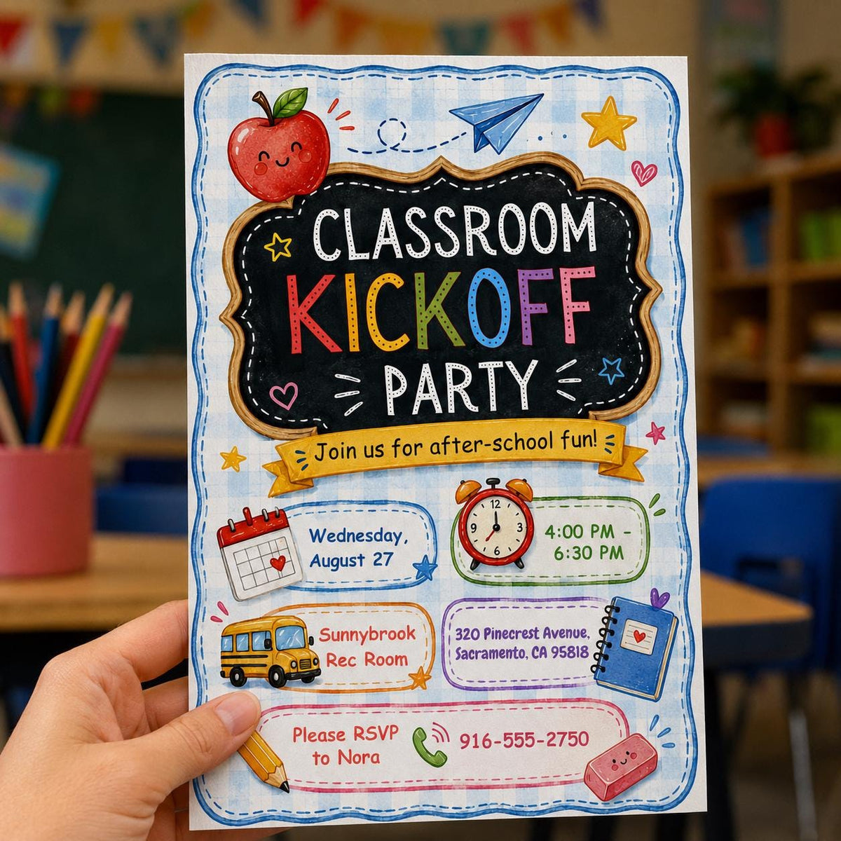 Classroom Kickoff Chalkboard Party Invitation — editable Canva template