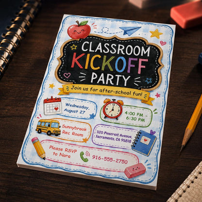 Classroom Kickoff Chalkboard Party Invitation in black and blue