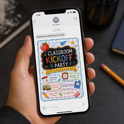 Classroom Kickoff Chalkboard Party Invitation — invitation you personalize in Canva