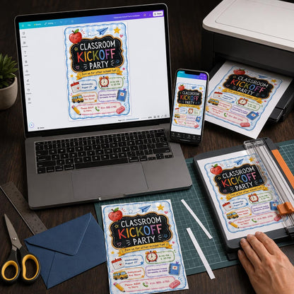 Classroom Kickoff Chalkboard Party Invitation — print-ready party design from VoltBy