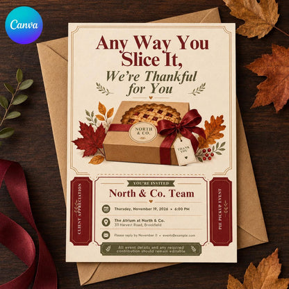Client Appreciation Pie Invitation — editable Canva template