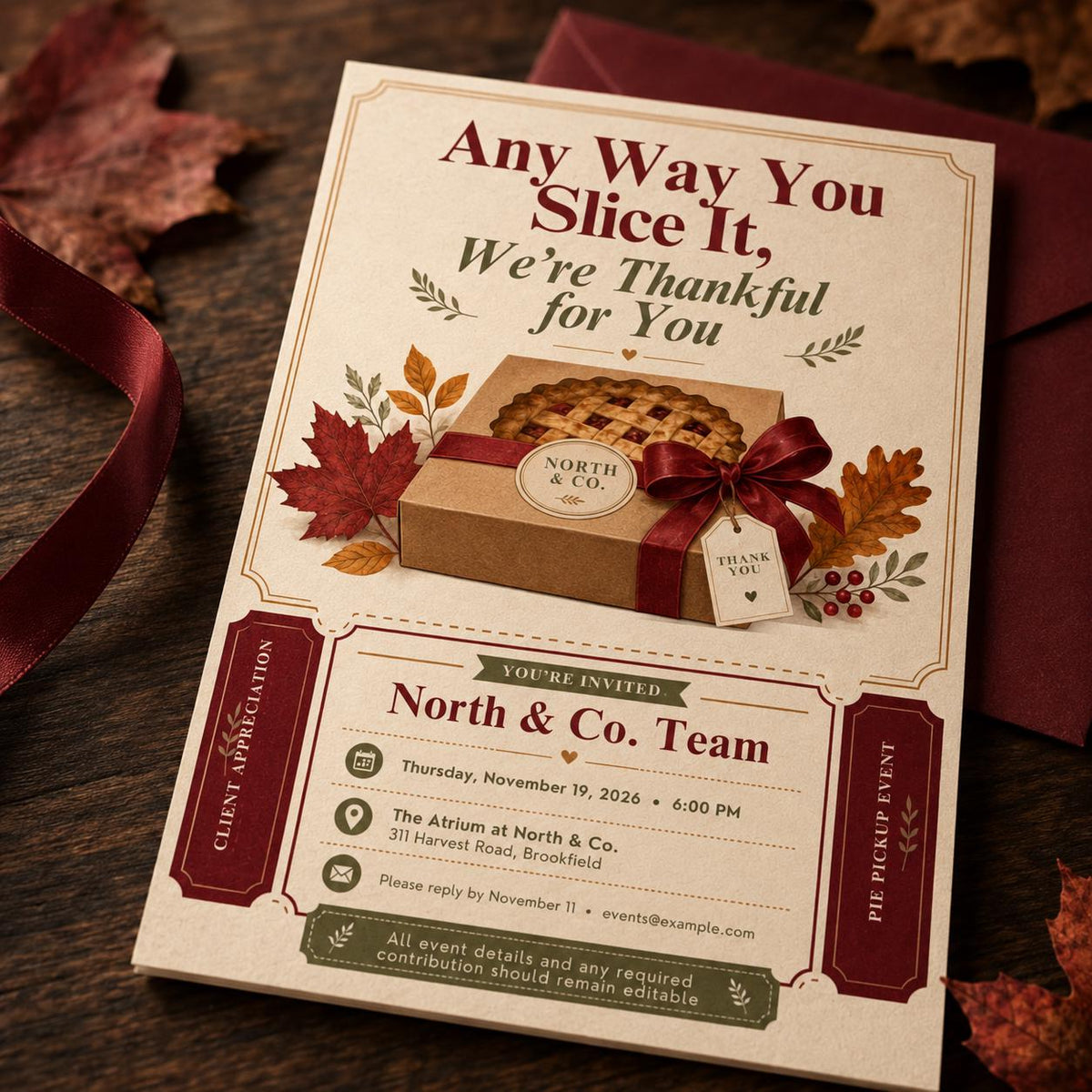 Client Appreciation Pie Invitation — invitation you personalize in Canva