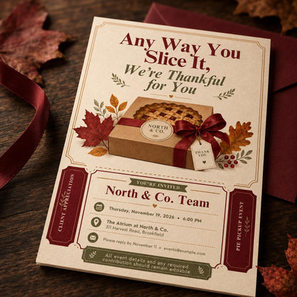 Client Appreciation Pie Invitation — invitation you personalize in Canva