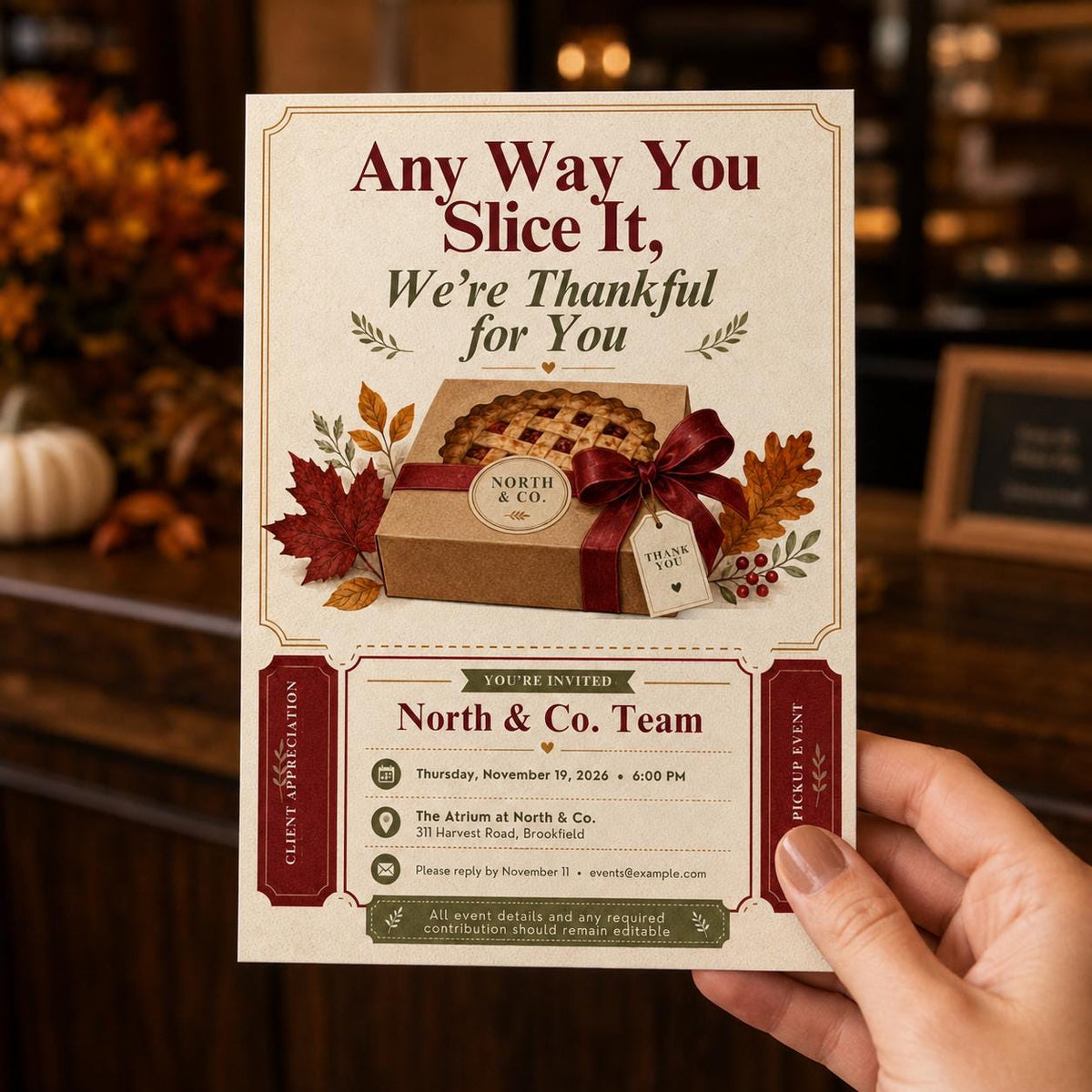 Client Appreciation Pie Invitation — Thanksgiving gathering stationery by VoltBy