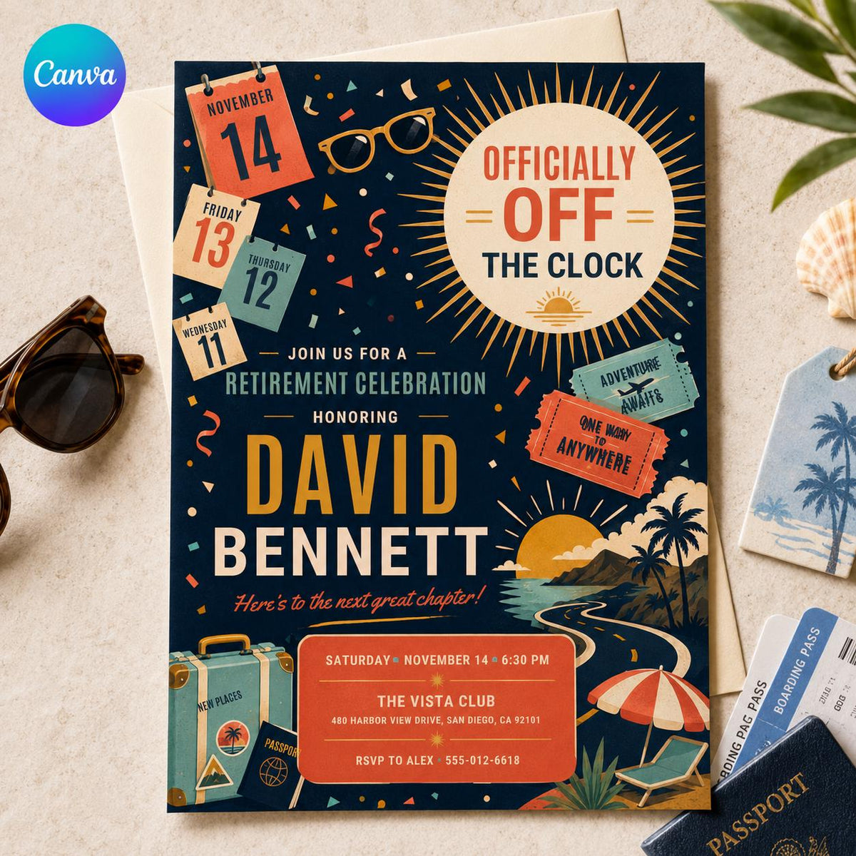Clock Retirement Party Invitation — editable Canva template