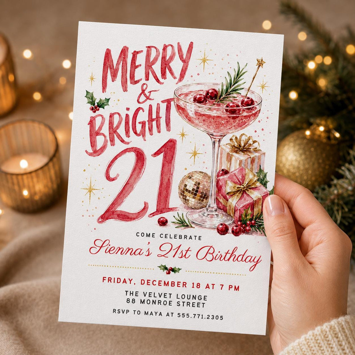 Cocktail 21st Birthday Christmas Invitation — print-ready 21st birthday party design from VoltBy
