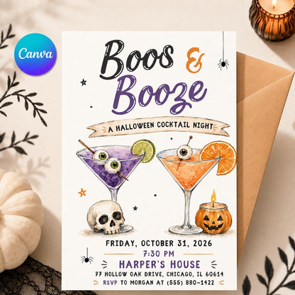 Cocktail Boos and Booze Halloween Invitation — editable Canva template