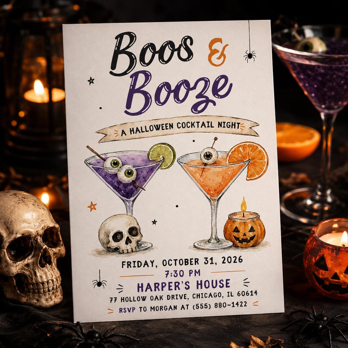 Cocktail Boos and Booze Halloween Invitation — print-ready Halloween party design from VoltBy
