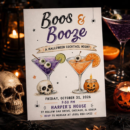 Cocktail Boos and Booze Halloween Invitation — print-ready Halloween party design from VoltBy