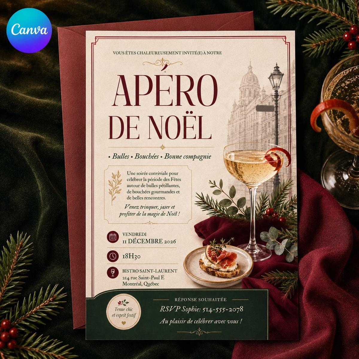 Cocktail French Christmas Aperitif Invitation — editable Canva template