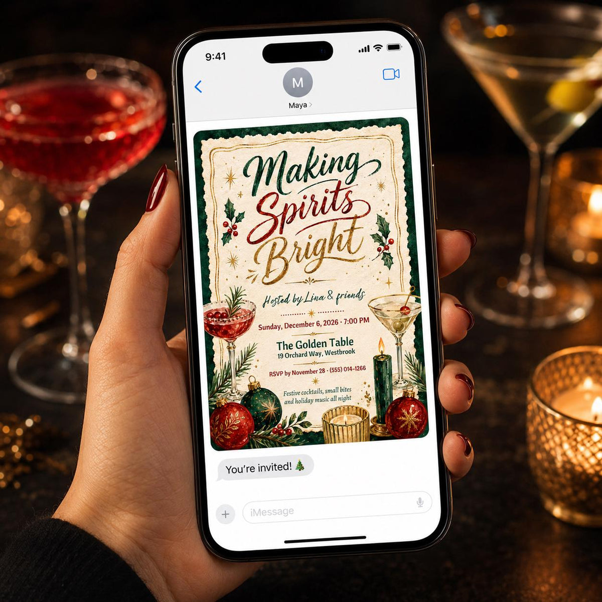 Cocktail Making Spirits Bright Christmas Party Invitation — invitation you personalize in Canva