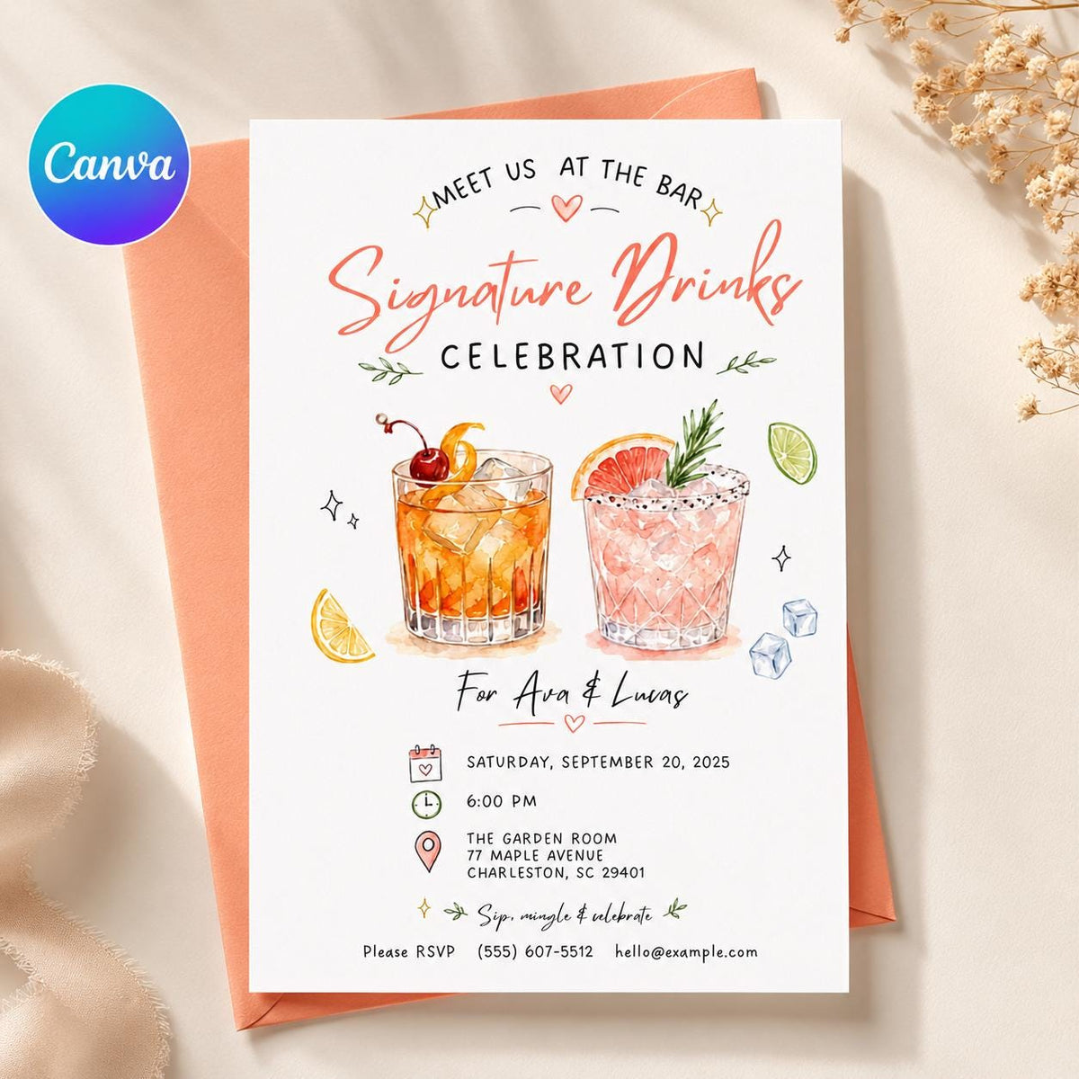 Cocktail Signature Drinks Invitation — editable Canva template