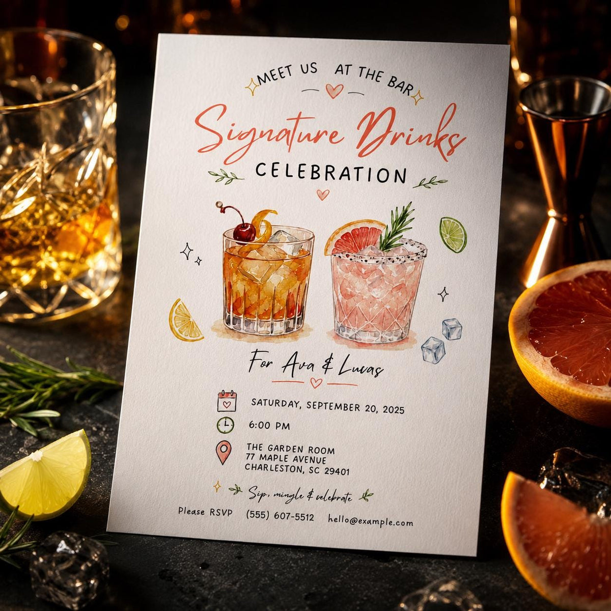 Cocktail Signature Drinks Invitation — print-ready wedding design from VoltBy