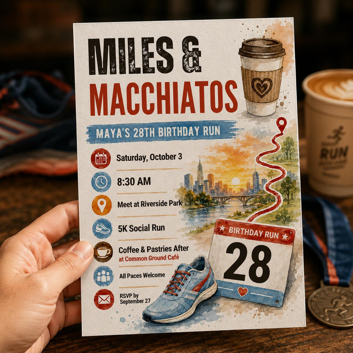 Coffee 28th Birthday Run Invitation — print-ready 28th birthday party design from VoltBy
