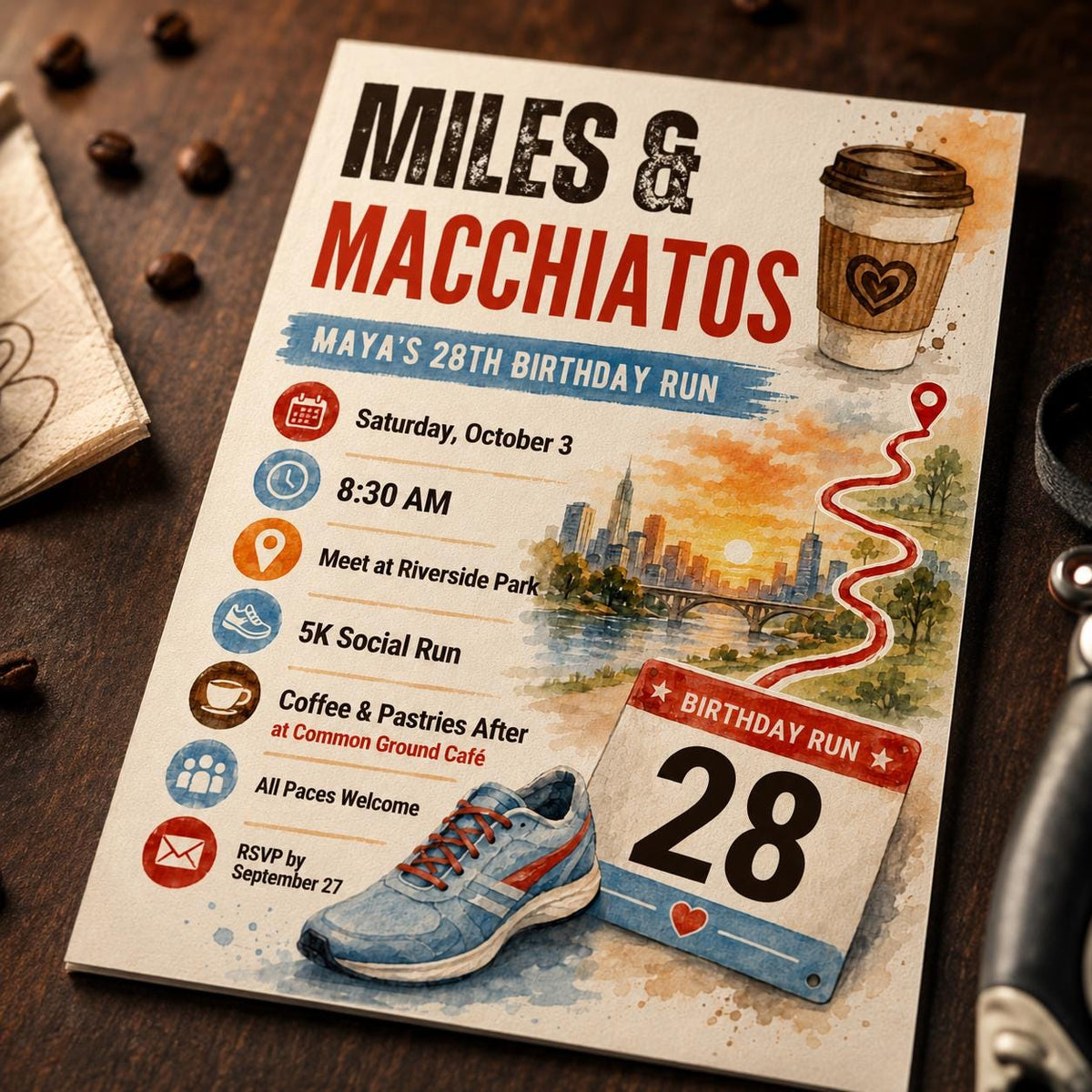 Coffee 28th Birthday Run Invitation — 28th birthday party stationery by VoltBy