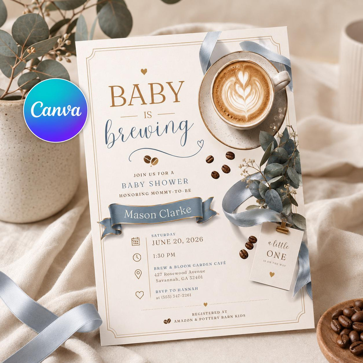 Coffee Baby Is Brewing Baby Shower Invitation for Boys — editable Canva template
