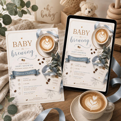 Coffee Baby Is Brewing Baby Shower Invitation for Boys — invitation you personalize in Canva