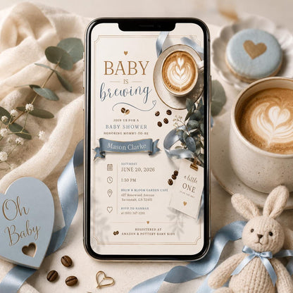 Coffee Baby Is Brewing Baby Shower Invitation for Boys — digital invitation, instant download