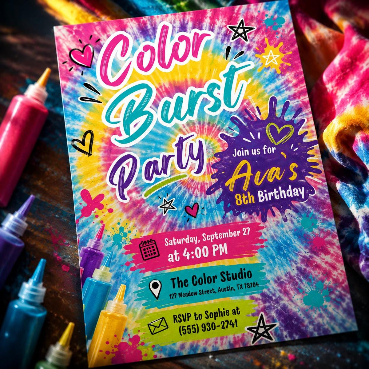 Color Burst Party Invitation — print-ready birthday party design from VoltBy