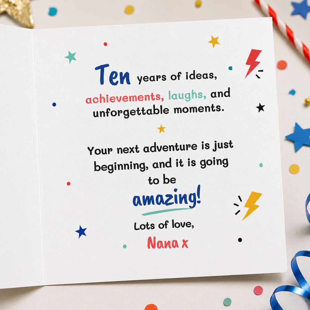 Colorful 10th Birthday Greeting Card — print-ready 10th birthday party design from VoltBy