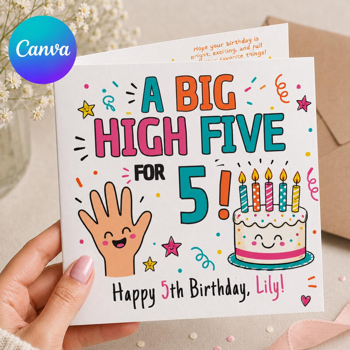 Colorful 5th Birthday Greeting Card — editable Canva template