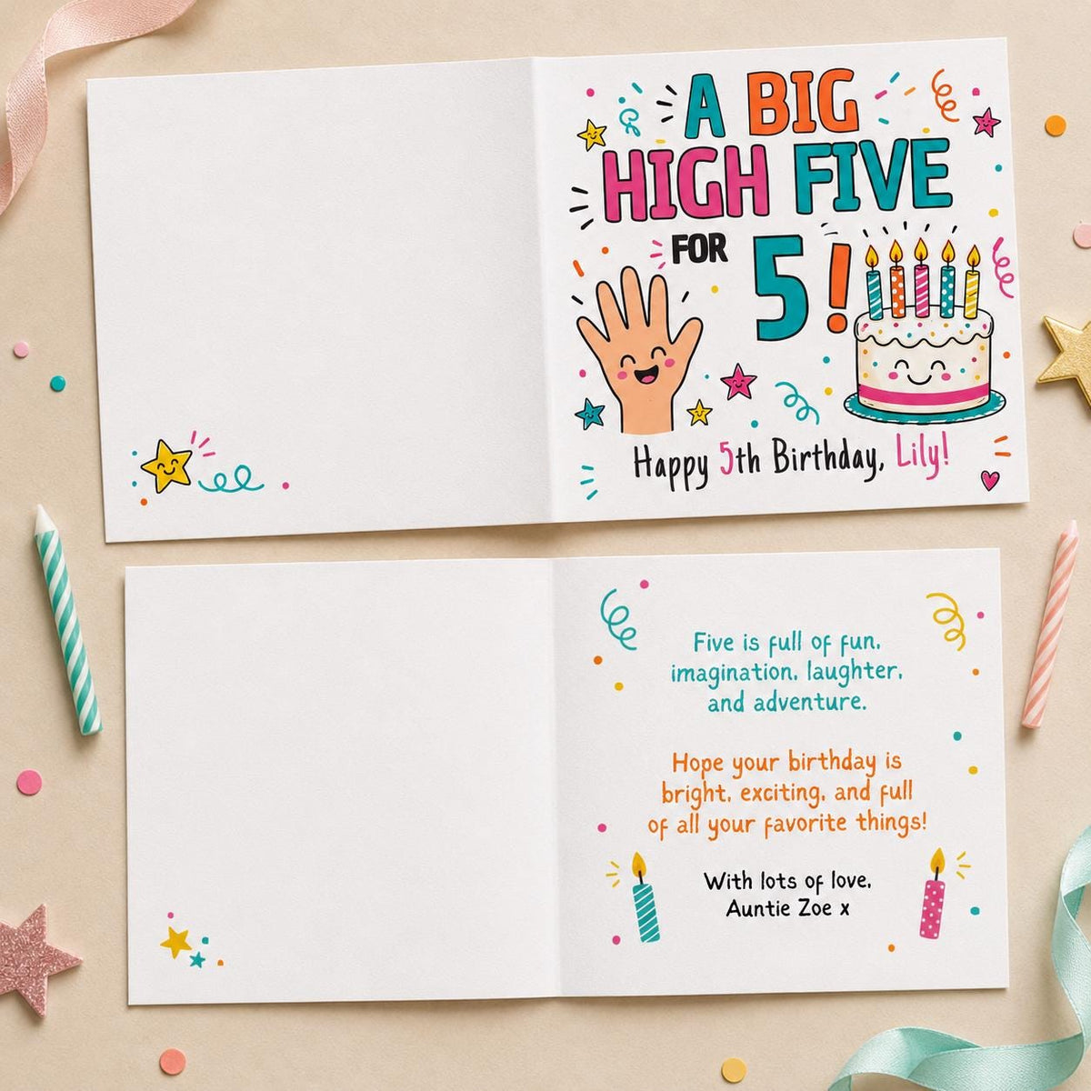 Colorful 5th Birthday Greeting Card — greeting card you personalize in Canva