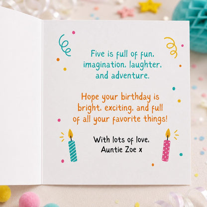 Colorful 5th Birthday Greeting Card — print-ready 5th birthday party design from VoltBy