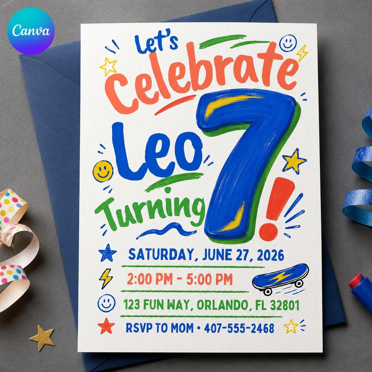 Colorful 7th Birthday Boy Invitation — editable Canva template