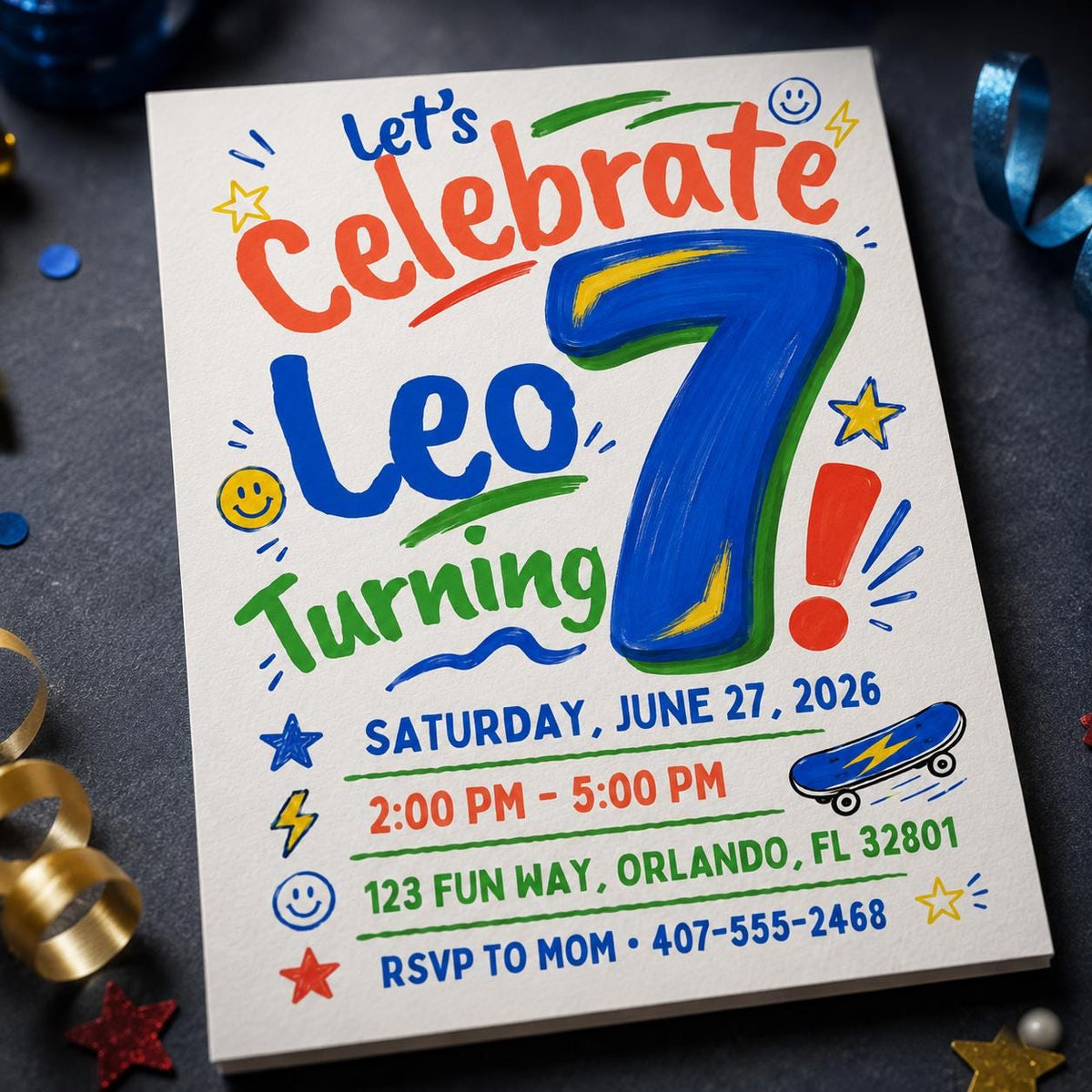 Colorful 7th Birthday Boy Invitation — skateboard design