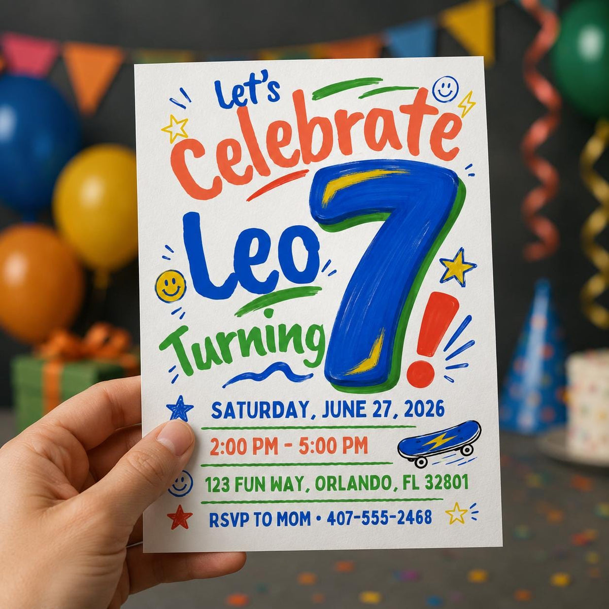 Colorful 7th Birthday Boy Invitation — invitation you personalize in Canva