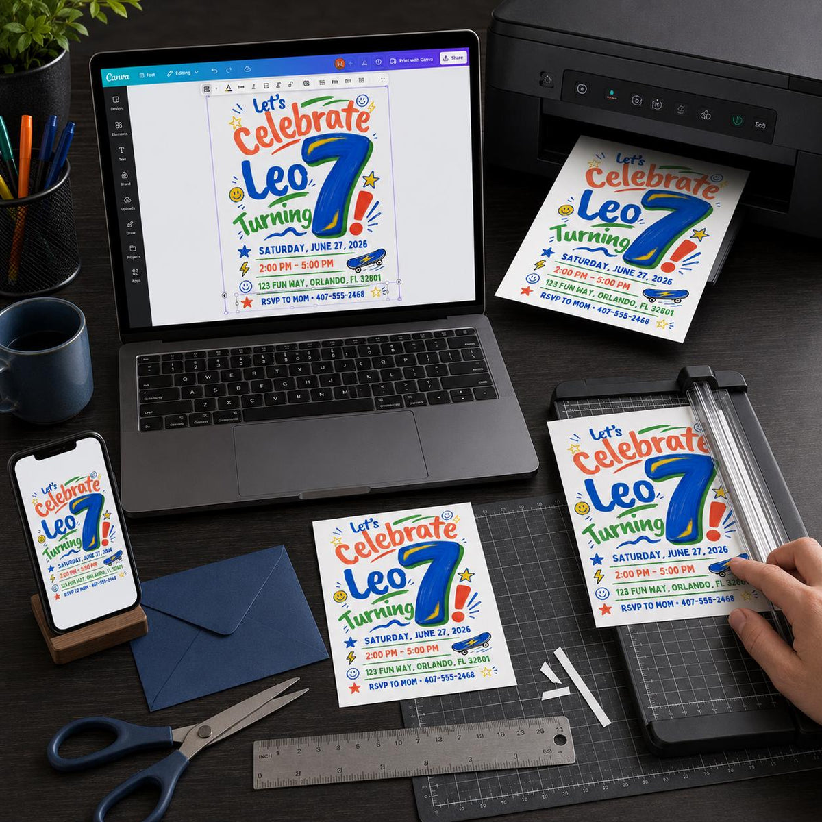 Colorful 7th Birthday Boy Invitation — print-ready 7th birthday party design from VoltBy