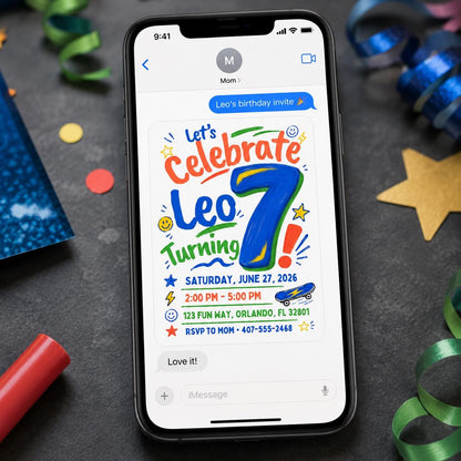 Colorful 7th Birthday Boy Invitation — digital invitation, instant download