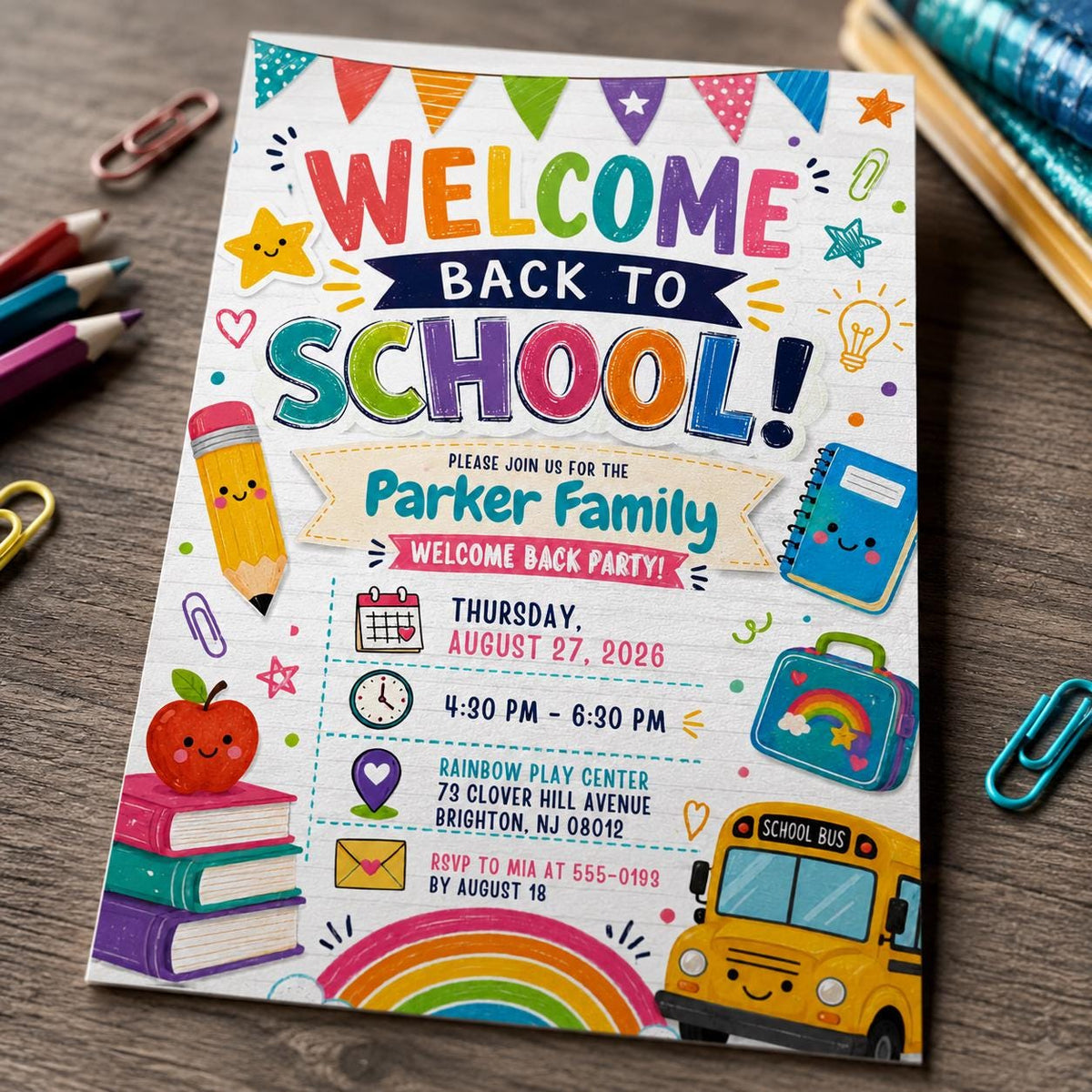 Colorful and Rainbow Back to School Party Invitation — invitation you personalize in Canva