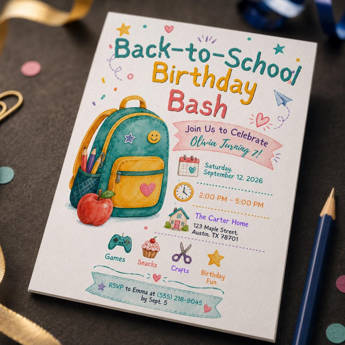 Colorful Back to School 7th Birthday Invitation — invitation you personalize in Canva