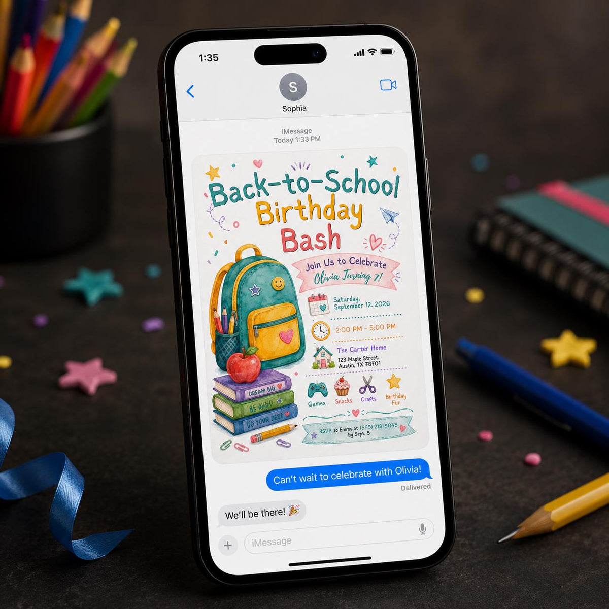 Colorful Back to School 7th Birthday Invitation — print-ready 7th birthday party design from VoltBy