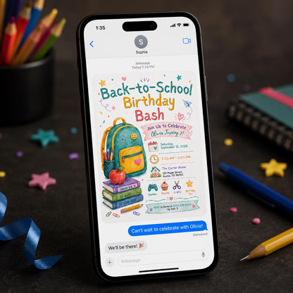 Colorful Back to School 7th Birthday Invitation — print-ready 7th birthday party design from VoltBy