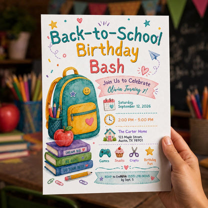 Colorful Back to School 7th Birthday Invitation — digital invitation, instant download