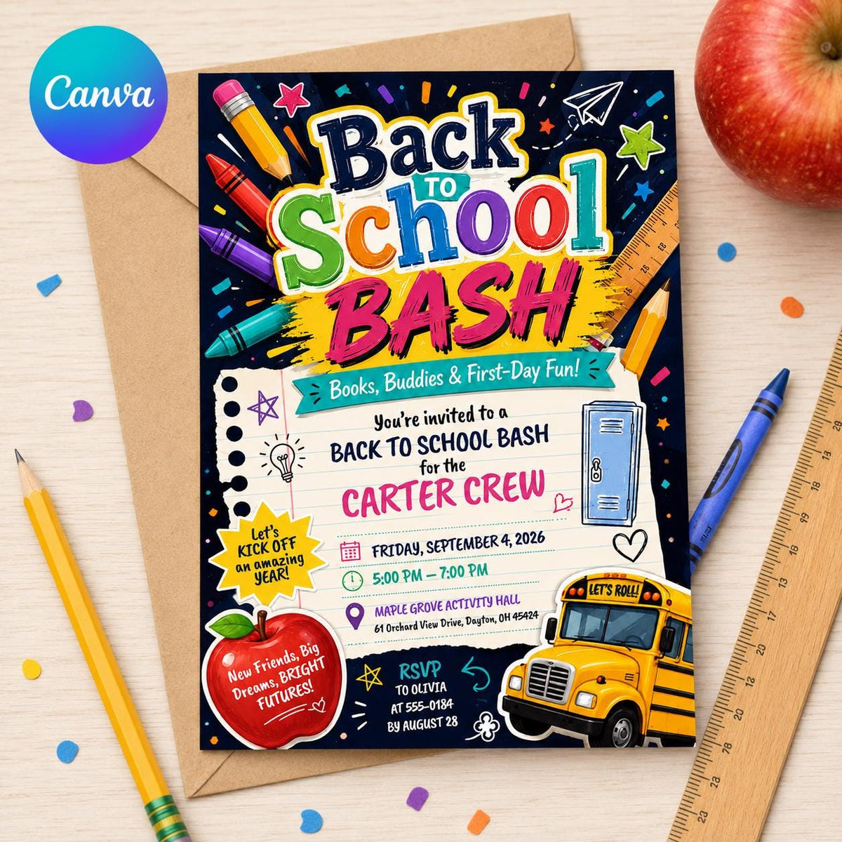 Colorful Back to School Bash Invitation: Bold Colorful First Day Party Flyer — editable Canva template