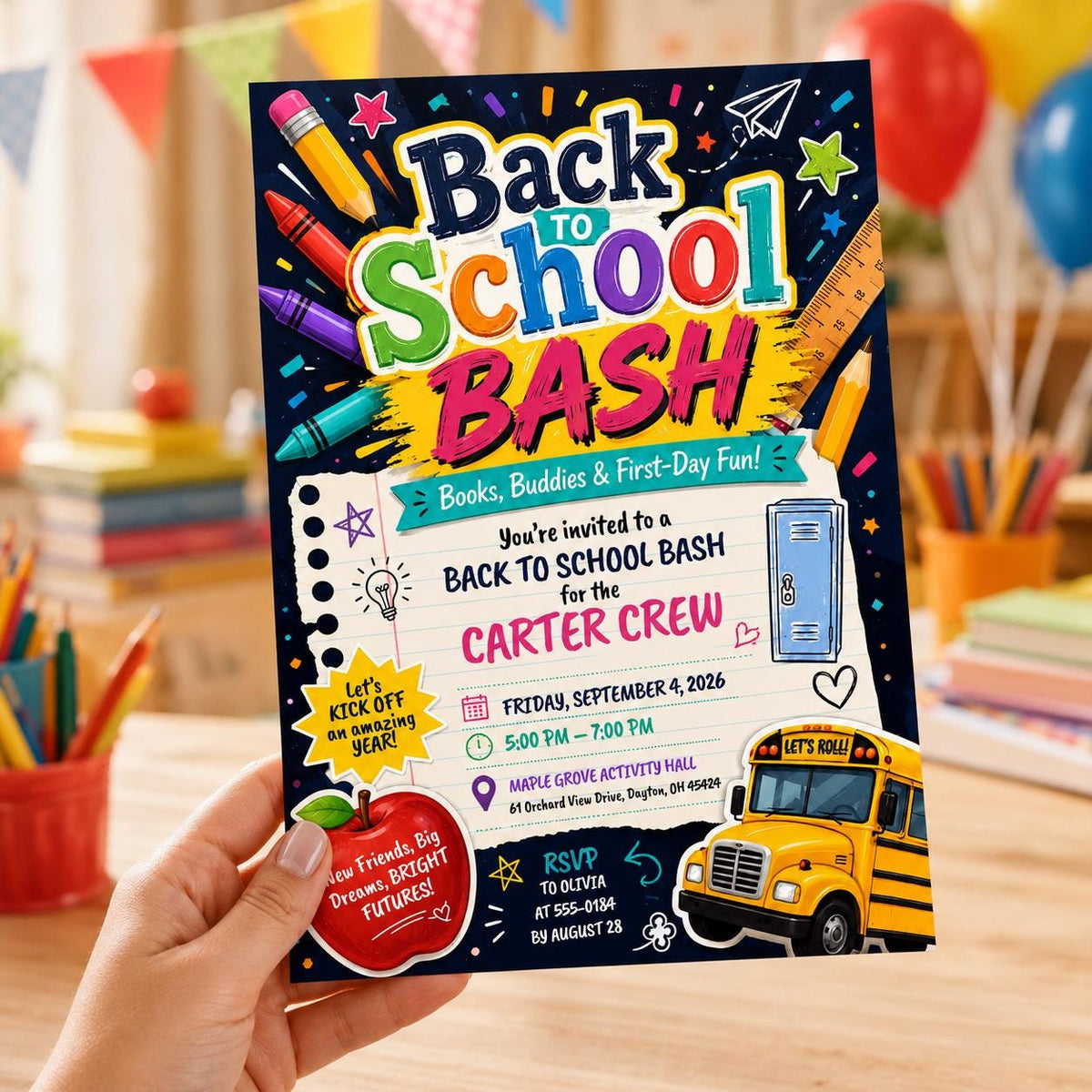 Colorful Back to School Bash Invitation: Bold Colorful First Day Party Flyer — digital invitation, instant download