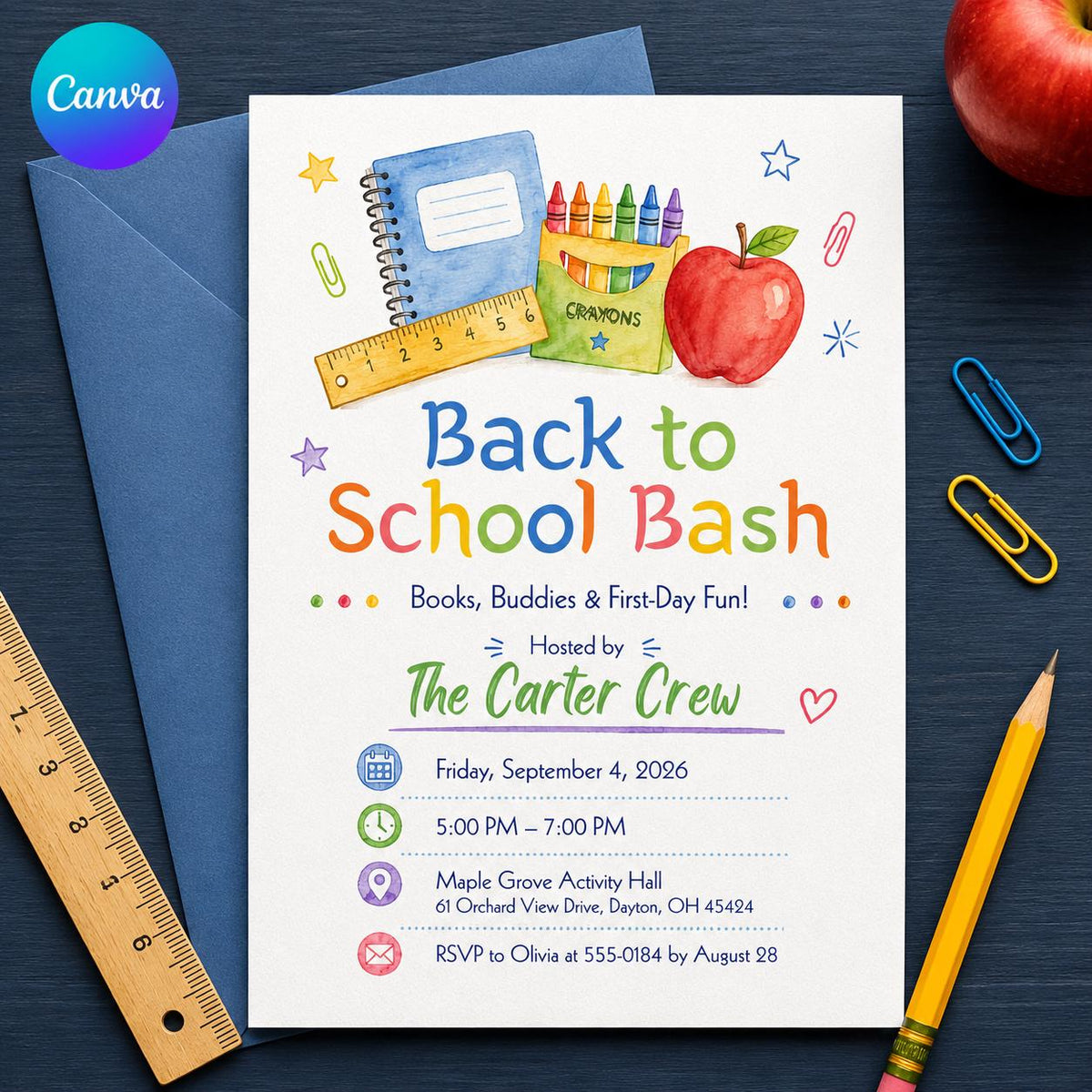 Colorful Back to School Bash Invitation: Colorful School Supplies Welcome Party — editable Canva template