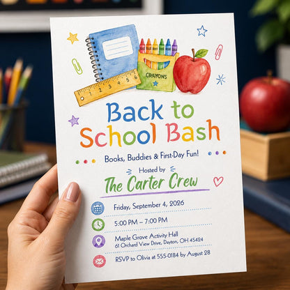 Colorful Back to School Bash Invitation: Colorful School Supplies Welcome Party — print-ready back-to-school event design