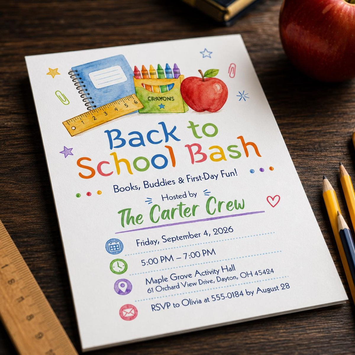 Colorful Back to School Bash Invitation: Colorful School Supplies Welcome Party — back-to-school event stationery by VoltBy
