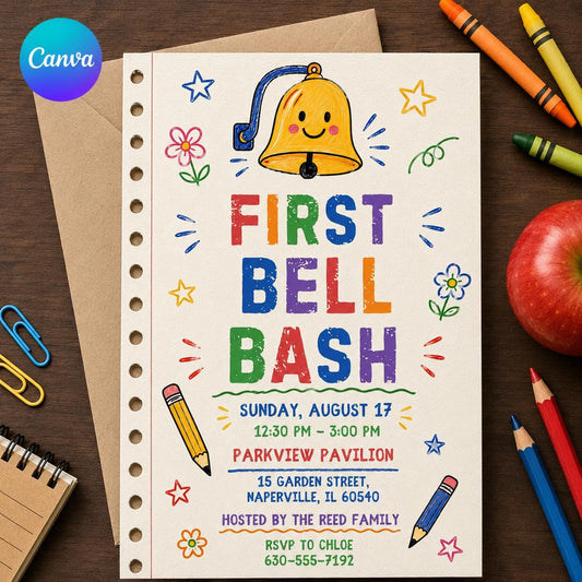 Colorful Back to School Bash Invitation: First Bell School Party — editable Canva template