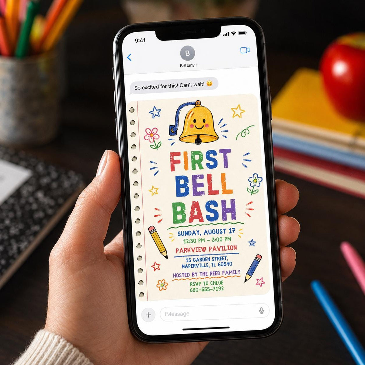 Colorful Back to School Bash Invitation: First Bell School Party — invitation you personalize in Canva